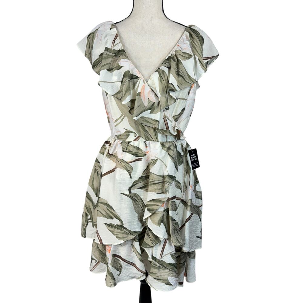 Express Medium Mini Dress Floral Leaf Print V-Neck Ruffled Lined Smocked Multi